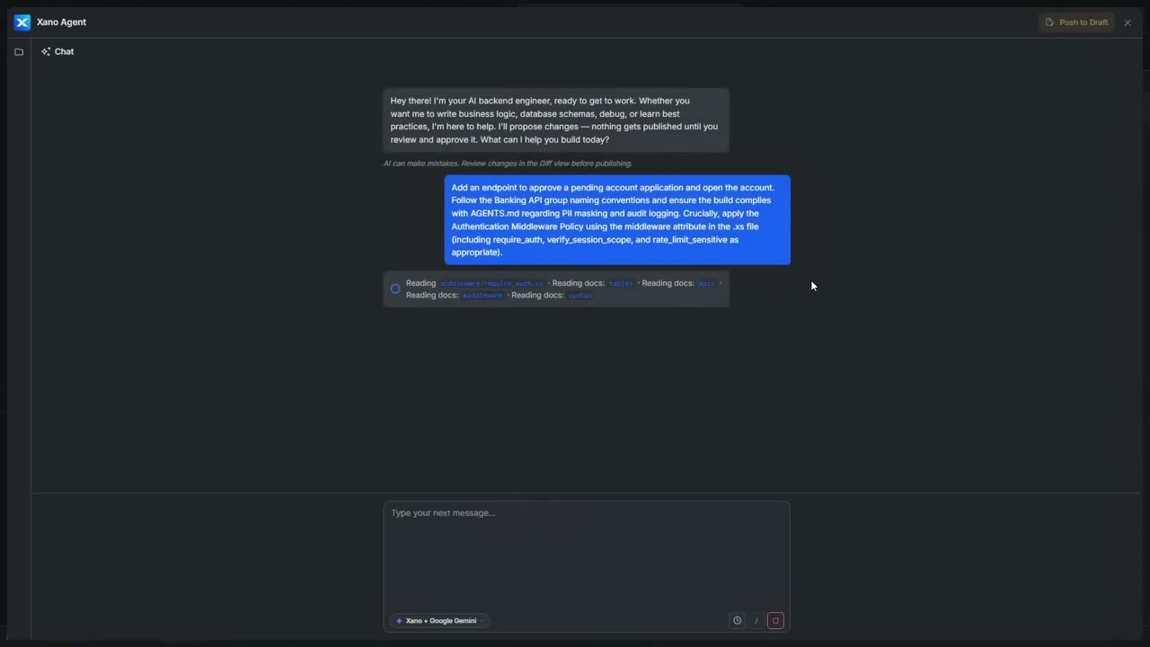 An agent reading the workspace middleware and docs before building.